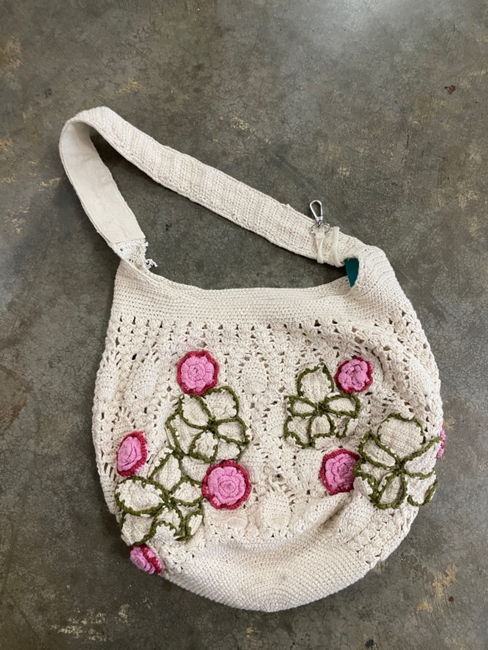 Free People Cream Crochet Shoulder Bag with Pink Floral Appliqué
